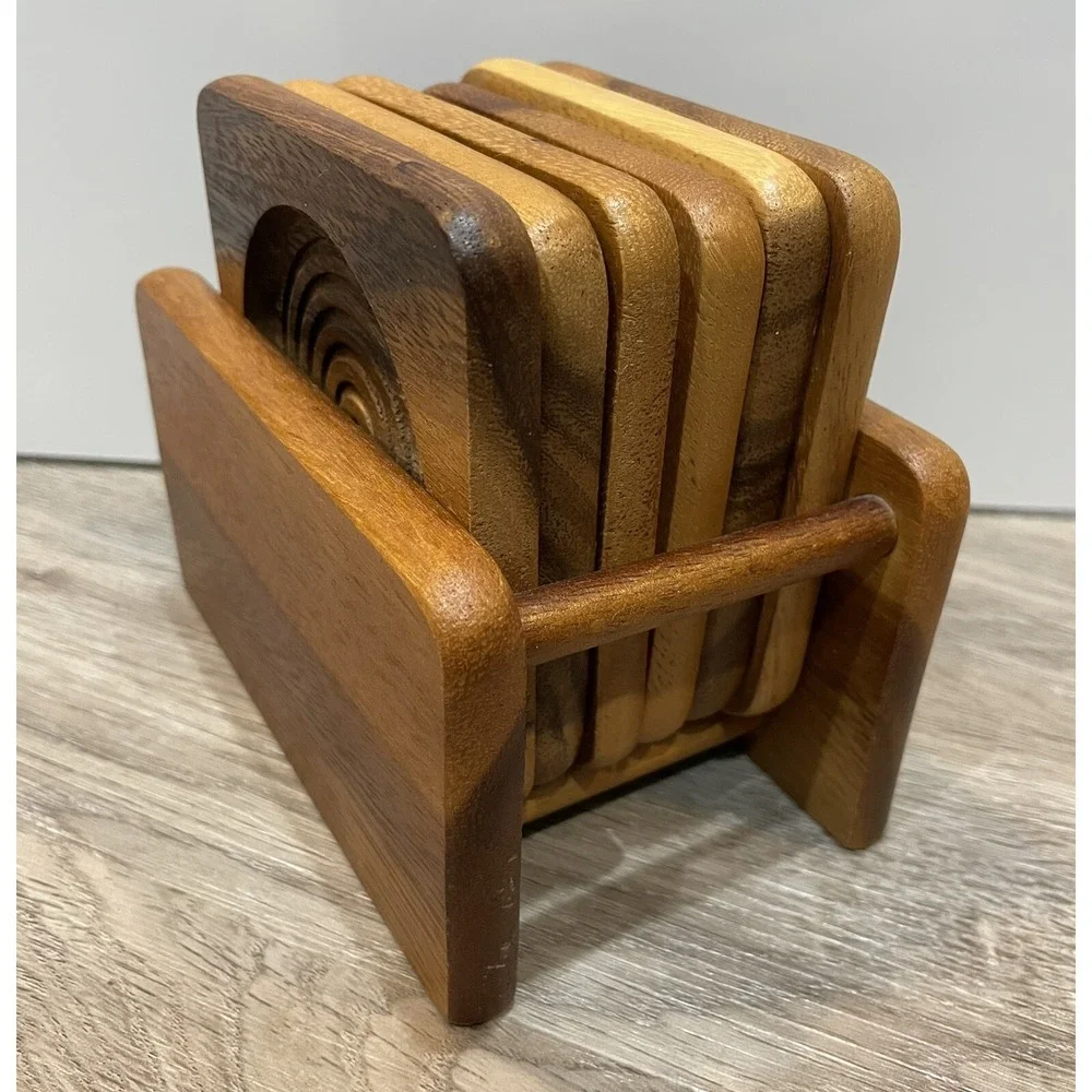 Six Wooden Coaster Set Square Holder